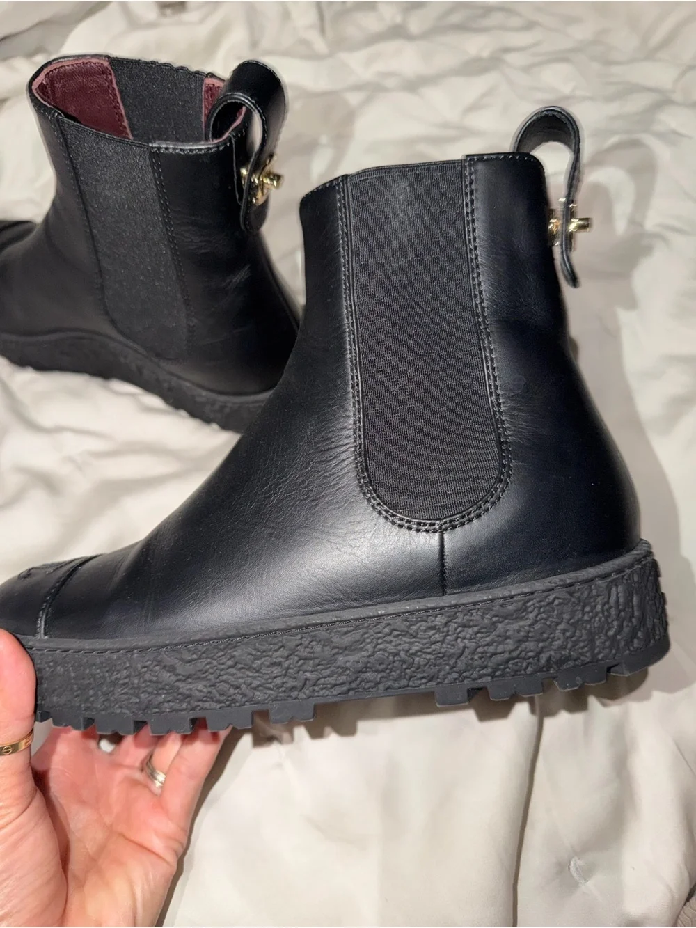 CHANEL Black Leather Platform Chelsea Booties with Gold CC Accent rubber sole